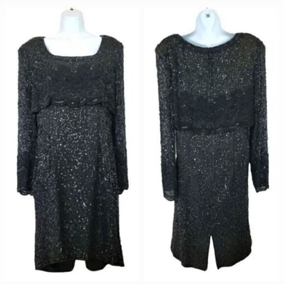 Vintage Lawrence Kazar 100% Silk Beaded and Sequin Evening Gown in Black Size XL - Picture 2 of 10